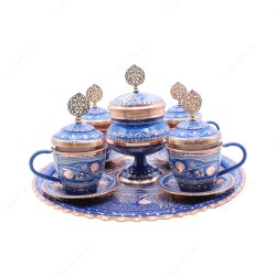 Copperdone Handmade Hand Crafted Copper Turkish Greek Coffee Tea Serving Set With Round Tray for 4 People Blue Color - 1