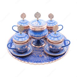 Copperdone Handmade Hand Crafted Copper Turkish Greek Coffee Tea Serving Set With Round Tray for 4 People Blue Color - 2