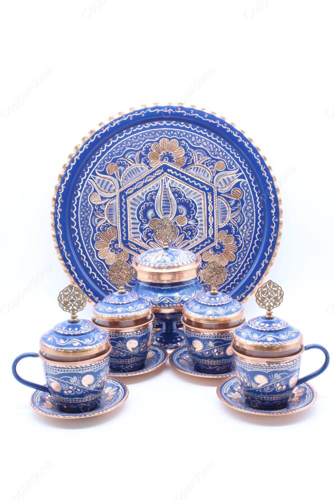 Copperdone Handmade Hand Crafted Copper Turkish Greek Coffee Tea Serving Set With Round Tray for 4 People Blue Color - 3