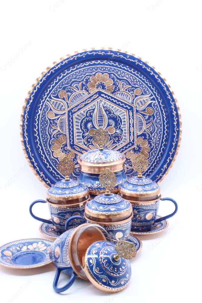 Copperdone Handmade Hand Crafted Copper Turkish Greek Coffee Tea Serving Set With Round Tray for 4 People Blue Color - 4