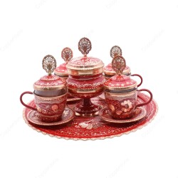 Copperdone Handmade Hand Crafted Copper Turkish Greek Coffee Tea Serving Set With Round Tray for 4 People Red Color - 1