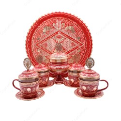 Copperdone Handmade Hand Crafted Copper Turkish Greek Coffee Tea Serving Set With Round Tray for 4 People Red Color - 2