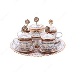 Copperdone Handmade Hand Crafted Copper Turkish Greek Coffee Tea Serving Set With Round Tray for 4 People White Color - 1