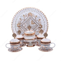 Copperdone Handmade Hand Crafted Copper Turkish Greek Coffee Tea Serving Set With Round Tray for 4 People White Color - 2