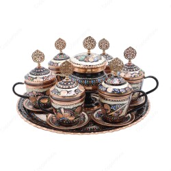 Copperdone Handmade Hand Crafted Copper Turkish Greek Coffee Tea Serving Set With Round Tray for 6 People Black Enameled Color - 1