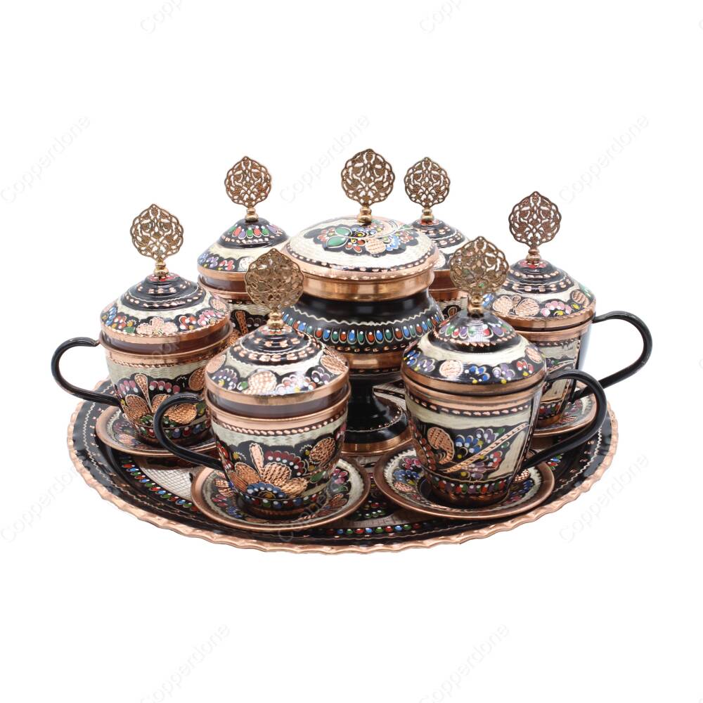 Copperdone Handmade Hand Crafted Copper Turkish Greek Coffee Tea Serving Set With Round Tray for 6 People Black Enameled Color - 1