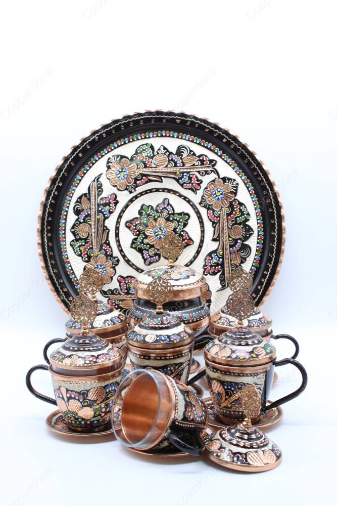 Copperdone Handmade Hand Crafted Copper Turkish Greek Coffee Tea Serving Set With Round Tray for 6 People Black Enameled Color - 3