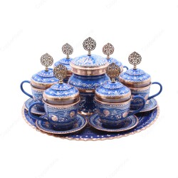 Copperdone Handmade Hand Crafted Copper Turkish Greek Coffee Tea Serving Set With Round Tray for 6 People Blue Color - 1