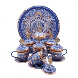 Copperdone Handmade Hand Crafted Copper Turkish Greek Coffee Tea Serving Set With Round Tray for 6 People Blue Color - 2