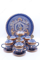 Copperdone Handmade Hand Crafted Copper Turkish Greek Coffee Tea Serving Set With Round Tray for 6 People Blue Color - 3