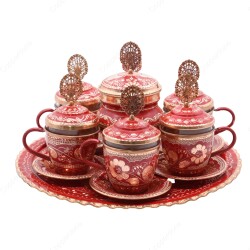 Copperdone Handmade Hand Crafted Copper Turkish Greek Coffee Tea Serving Set With Round Tray for 6 People Red Color - 1