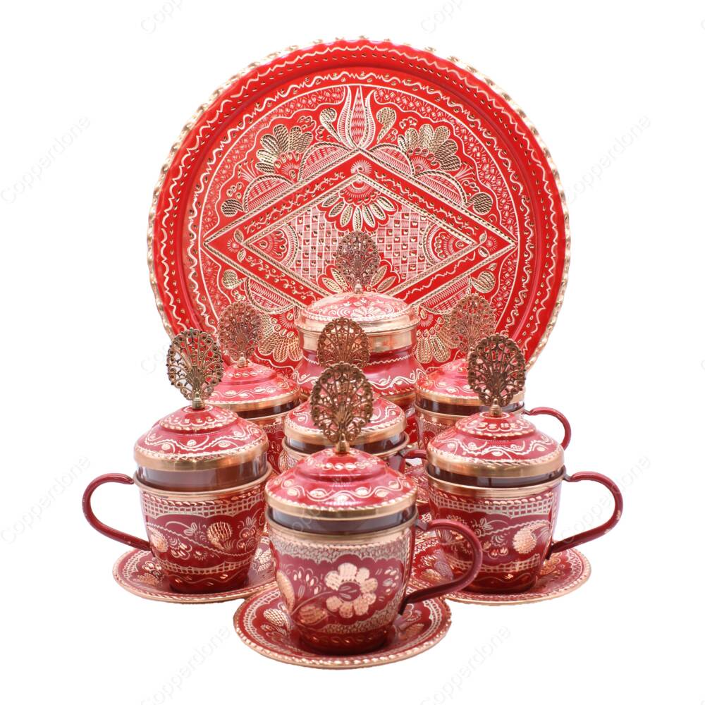 Copperdone Handmade Hand Crafted Copper Turkish Greek Coffee Tea Serving Set With Round Tray for 6 People Red Color - 2