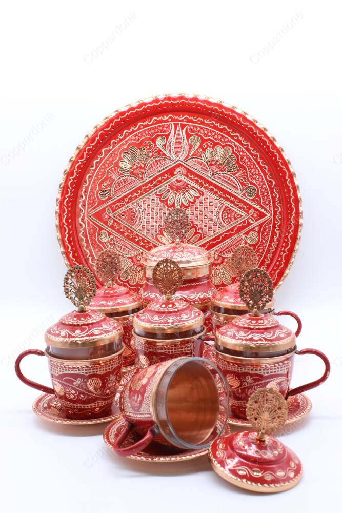 Copperdone Handmade Hand Crafted Copper Turkish Greek Coffee Tea Serving Set With Round Tray for 6 People Red Color - 3