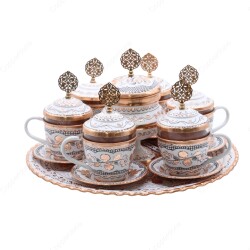 Copperdone Handmade Hand Crafted Copper Turkish Greek Coffee Tea Serving Set With Round Tray for 6 People White Color - 1