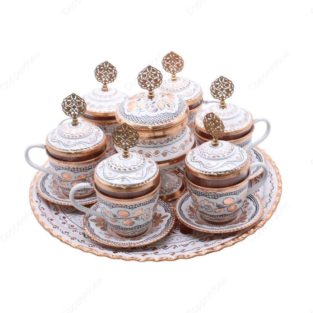 Copperdone Handmade Hand Crafted Copper Turkish Greek Coffee Tea Serving Set With Round Tray for 6 People White Color - 2