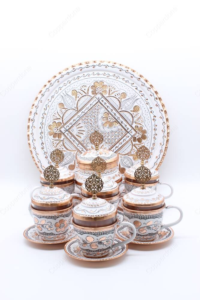 Copperdone Handmade Hand Crafted Copper Turkish Greek Coffee Tea Serving Set With Round Tray for 6 People White Color - 3