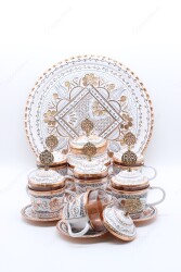 Copperdone Handmade Hand Crafted Copper Turkish Greek Coffee Tea Serving Set With Round Tray for 6 People White Color - 4