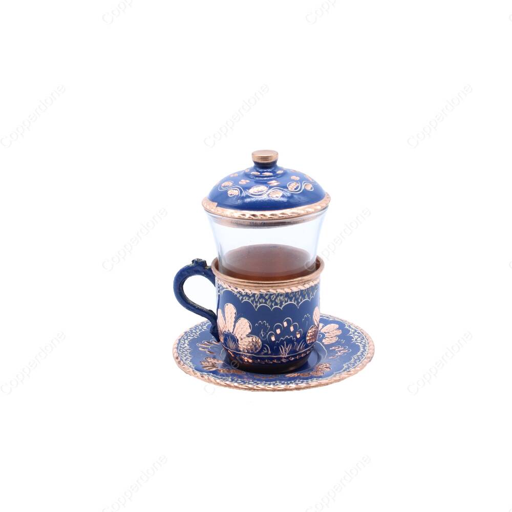 Copperdone Handmade Hand Crafted Copper Turkish Tea Glass Cup Blue Color - 1