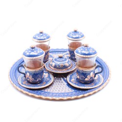 Copperdone Handmade Hand Crafted Copper Turkish Tea Serving Set for 4 People Blue Color - 1