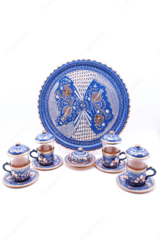 Copperdone Handmade Hand Crafted Copper Turkish Tea Serving Set for 4 People Blue Color - 3