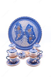 Copperdone Handmade Hand Crafted Copper Turkish Tea Serving Set for 4 People Blue Color - 4