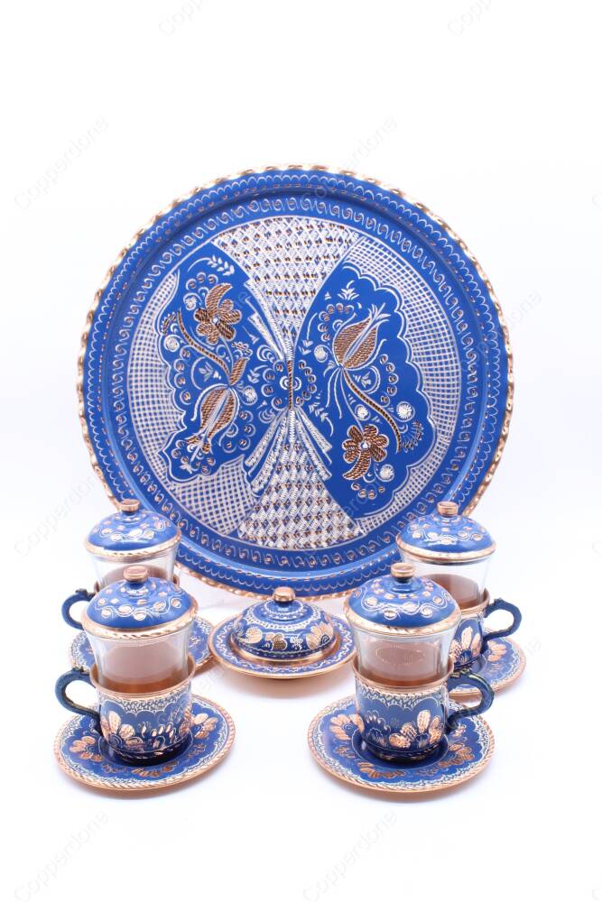 Copperdone Handmade Hand Crafted Copper Turkish Tea Serving Set for 4 People Blue Color - 5