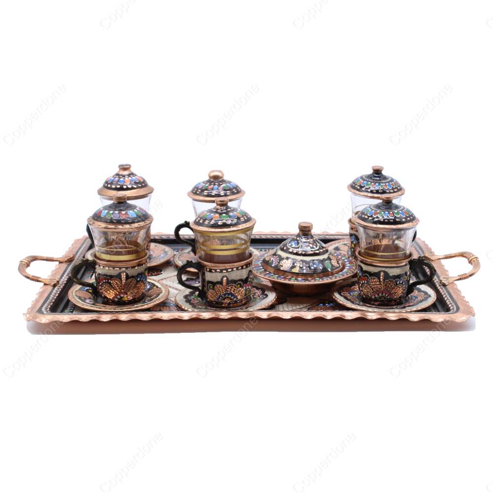 Copperdone Handmade Hand Crafted Copper Turkish Tea Serving Set for 6 People Black Enameled Color - 1