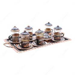 Copperdone Handmade Hand Crafted Copper Turkish Tea Serving Set for 6 People Black Enameled Color - 2