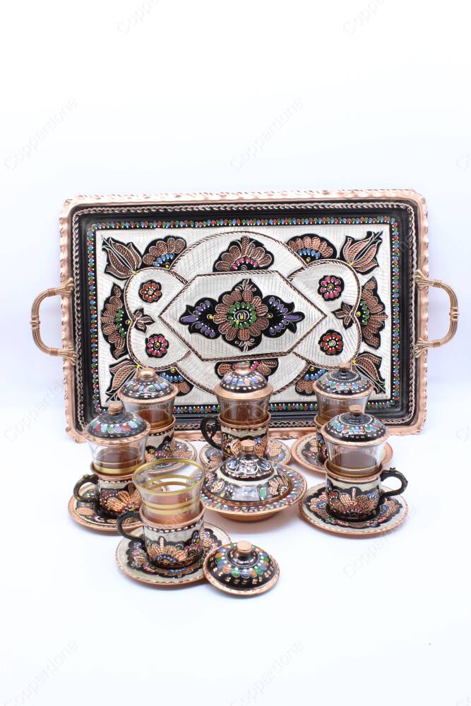 Copperdone Handmade Hand Crafted Copper Turkish Tea Serving Set for 6 People Black Enameled Color - 3