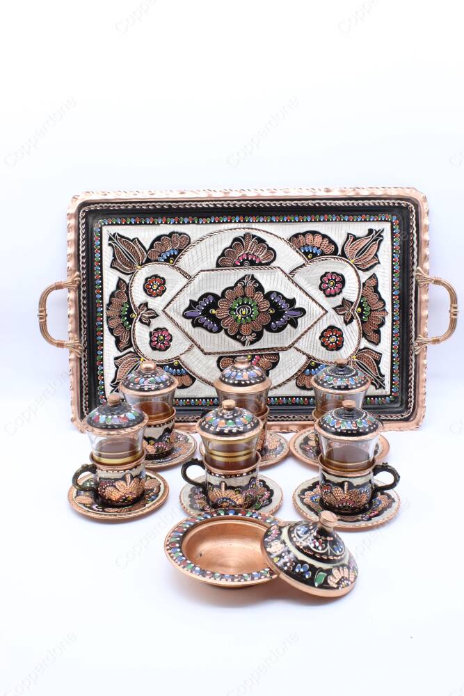 Copperdone Handmade Hand Crafted Copper Turkish Tea Serving Set for 6 People Black Enameled Color - 4