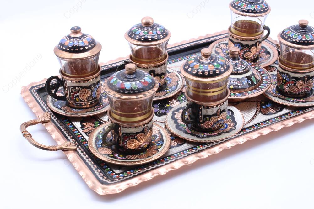 Copperdone Handmade Hand Crafted Copper Turkish Tea Serving Set for 6 People Black Enameled Color - 5