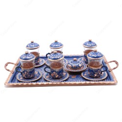 Copperdone Handmade Hand Crafted Copper Turkish Tea Serving Set for 6 People Blue Color - 1