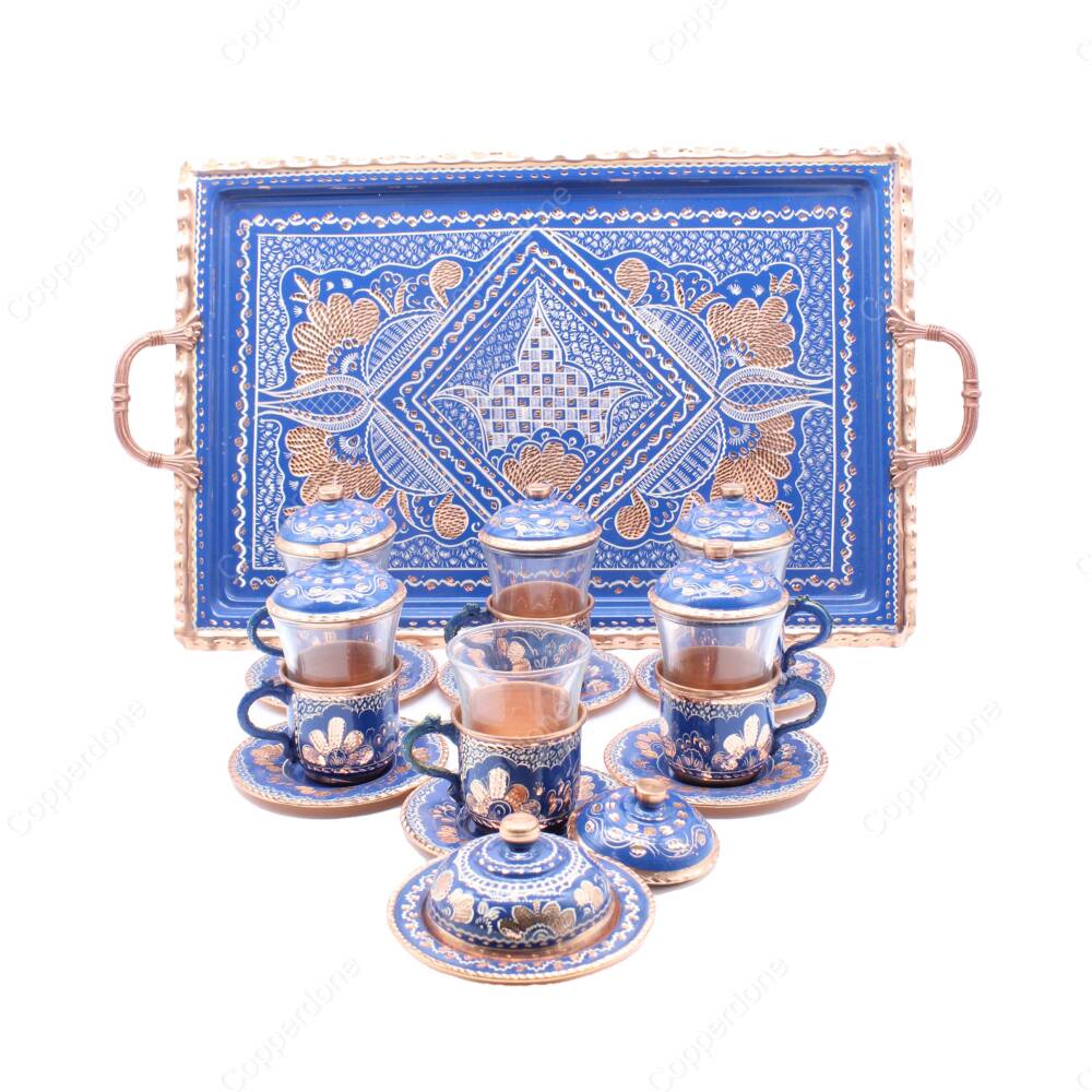 Copperdone Handmade Hand Crafted Copper Turkish Tea Serving Set for 6 People Blue Color - 2