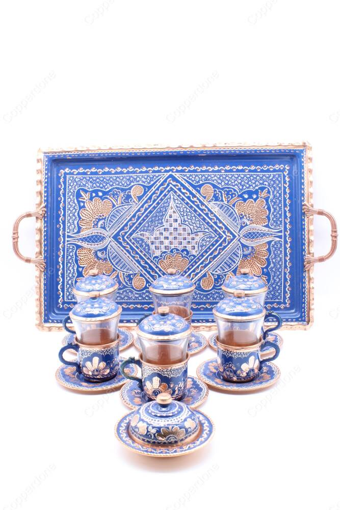 Copperdone Handmade Hand Crafted Copper Turkish Tea Serving Set for 6 People Blue Color - 3