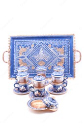 Copperdone Handmade Hand Crafted Copper Turkish Tea Serving Set for 6 People Blue Color - 4