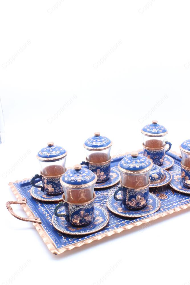 Copperdone Handmade Hand Crafted Copper Turkish Tea Serving Set for 6 People Blue Color - 5