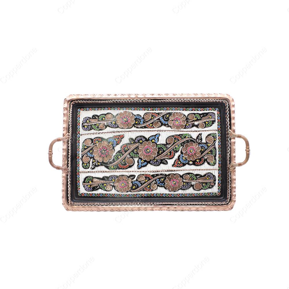 Copperdone Handmade Hand Crafted Rectangular Shape Copper Turkish Tea Coffee Drinkware Serving Tray Black Enameled Color 39x26cm 15.60x10.40in - 1