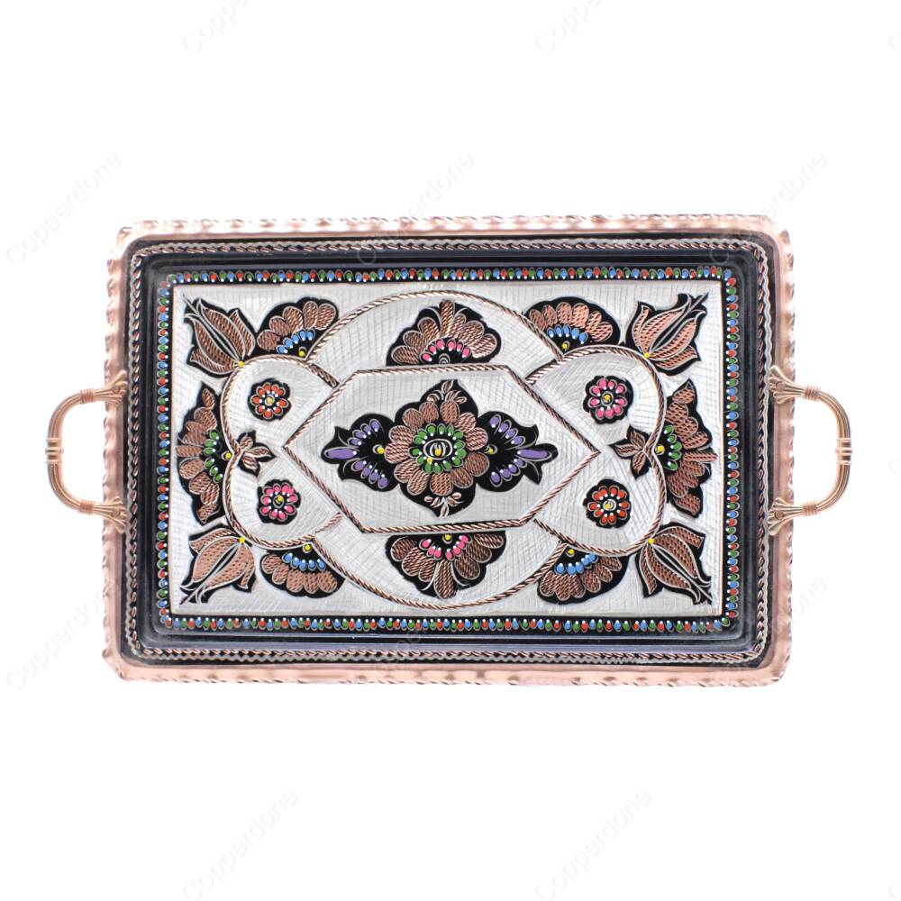 Copperdone Handmade Hand Crafted Rectangular Shape Copper Turkish Tea Coffee Serving Tray Black Enameled Color 39x26cm 15.60x10.40in - 1