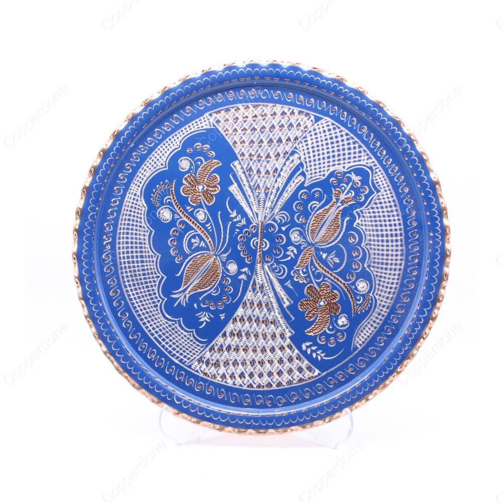 Copperdone Handmade Hand Crafted Rectangular Shape Copper Turkish Tea Coffee Serving Tray Blue Color 29cm 11.60in - 1