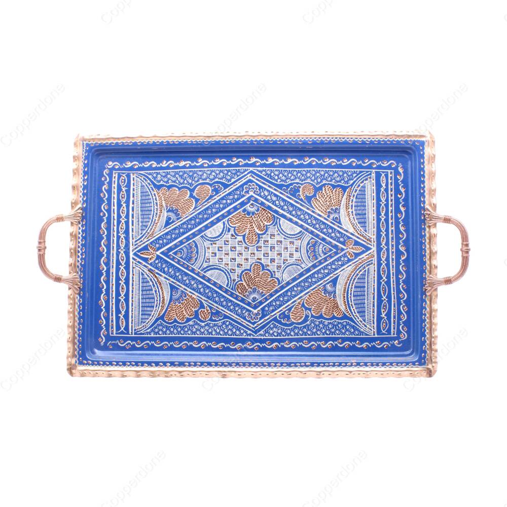 Copperdone Handmade Hand Crafted Rectangular Shape Copper Turkish Tea Coffee Serving Tray Blue Color 39x26cm 15.60x10.40in - 1