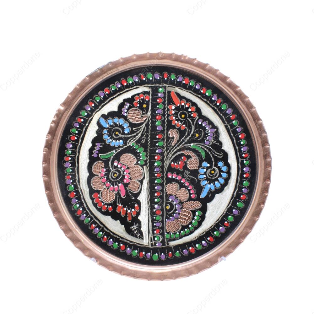 Copperdone Handmade Hand Crafted Round Shape Copper Turkish Tea Coffee Serving Tray 24cm 9.60in Black Enameled Color - 1