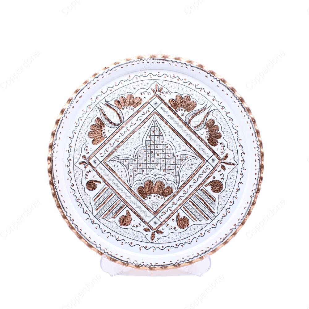 Copperdone Handmade Hand Crafted Round Shape Copper Turkish Tea Coffee Serving Tray 24cm 9.60in White Color - 1