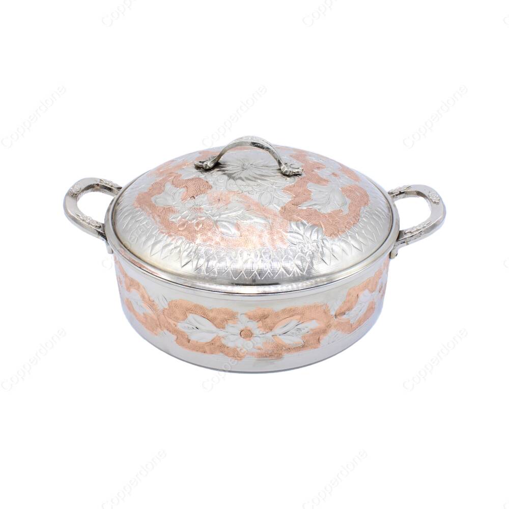 Copperdone Handmade Hand Embossed Floral Pattern Round Shape Authentic Copper Cooking Pot Cookware With Brass Handle Silver Color - 2