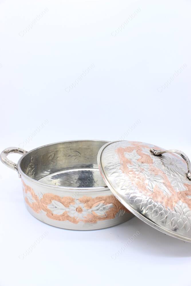 Copperdone Handmade Hand Embossed Floral Pattern Round Shape Authentic Copper Cooking Pot Cookware With Brass Handle Silver Color - 3