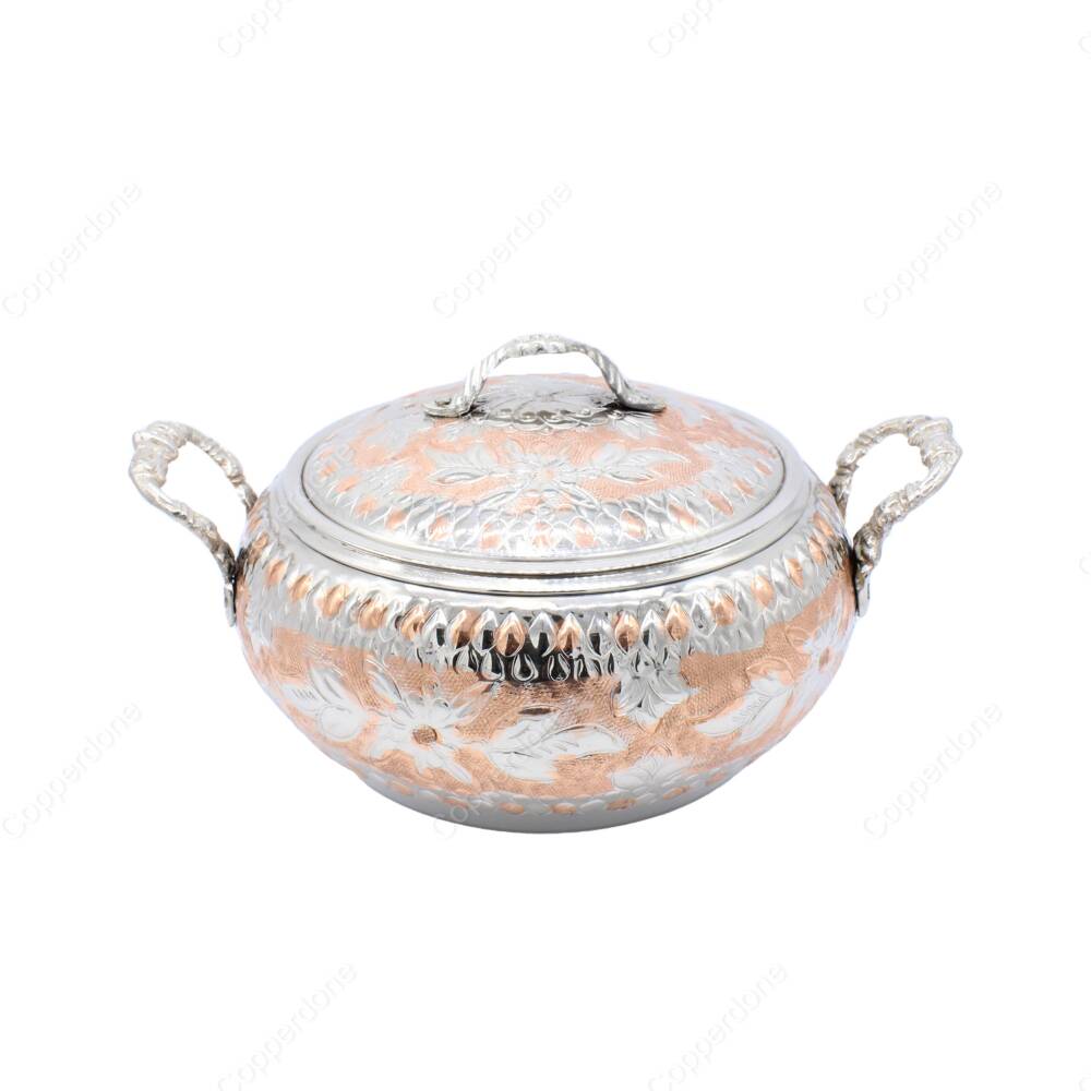 Copperdone Handmade Hand Embossed Floral Pattern Round Shape Copper Cooking Pot Cookware With Brass Handle Silver Color - 2