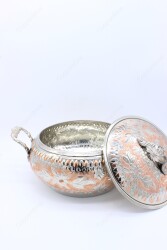 Copperdone Handmade Hand Embossed Floral Pattern Round Shape Copper Cooking Pot Cookware With Brass Handle Silver Color - 3