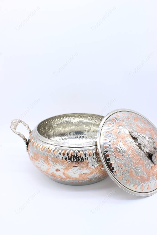 Copperdone Handmade Hand Embossed Floral Pattern Round Shape Copper Cooking Pot Cookware With Brass Handle Silver Color - 3