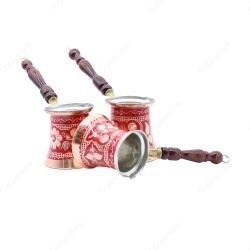 Copperdone Handmade Hand Embroidered Authentic Copper Coffee Pot Cezve Ibrik Briki Turkish Greek Arabic Coffee Maker with Red Color Set - 2