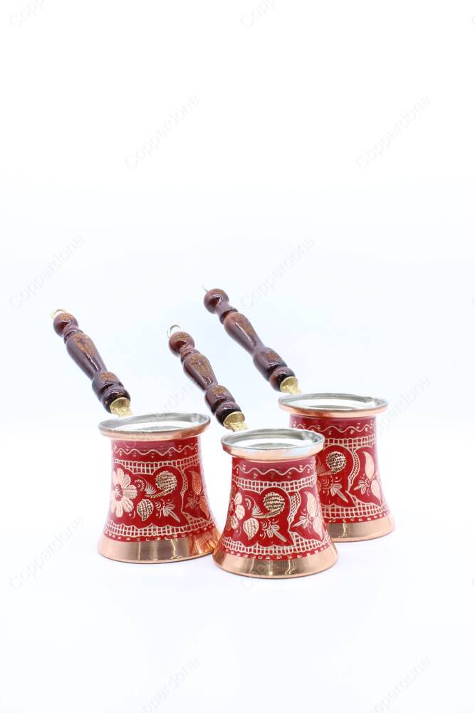 Copperdone Handmade Hand Embroidered Authentic Copper Coffee Pot Cezve Ibrik Briki Turkish Greek Arabic Coffee Maker with Red Color Set - 3