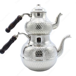 Copperdone Handmade Hand Embroidered Chisel Work Turkish Copper Teapot Tea Kettle Shiny Silver Color - 2